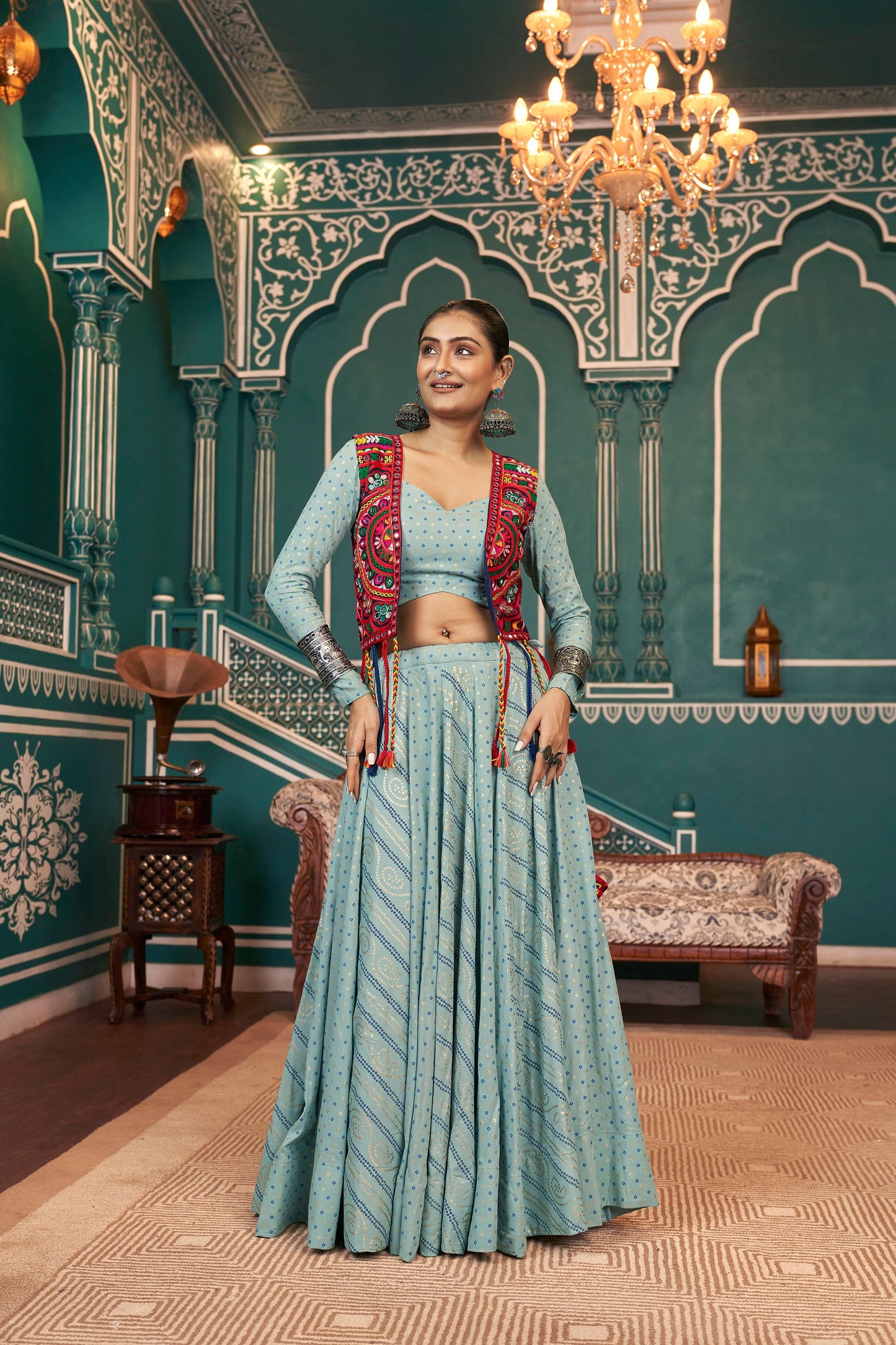 Pista Green Viscose Rayon Mirror Embroidery Navratri Chaniya Choli