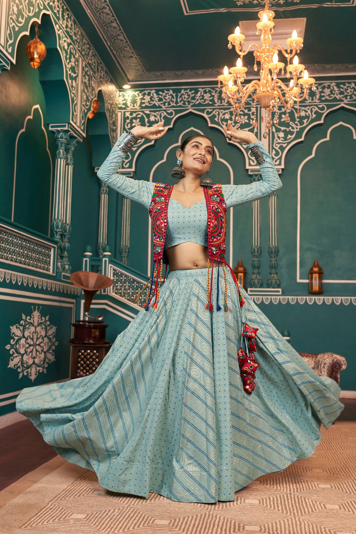 Pista Green Viscose Rayon Mirror Embroidery Navratri Chaniya Choli