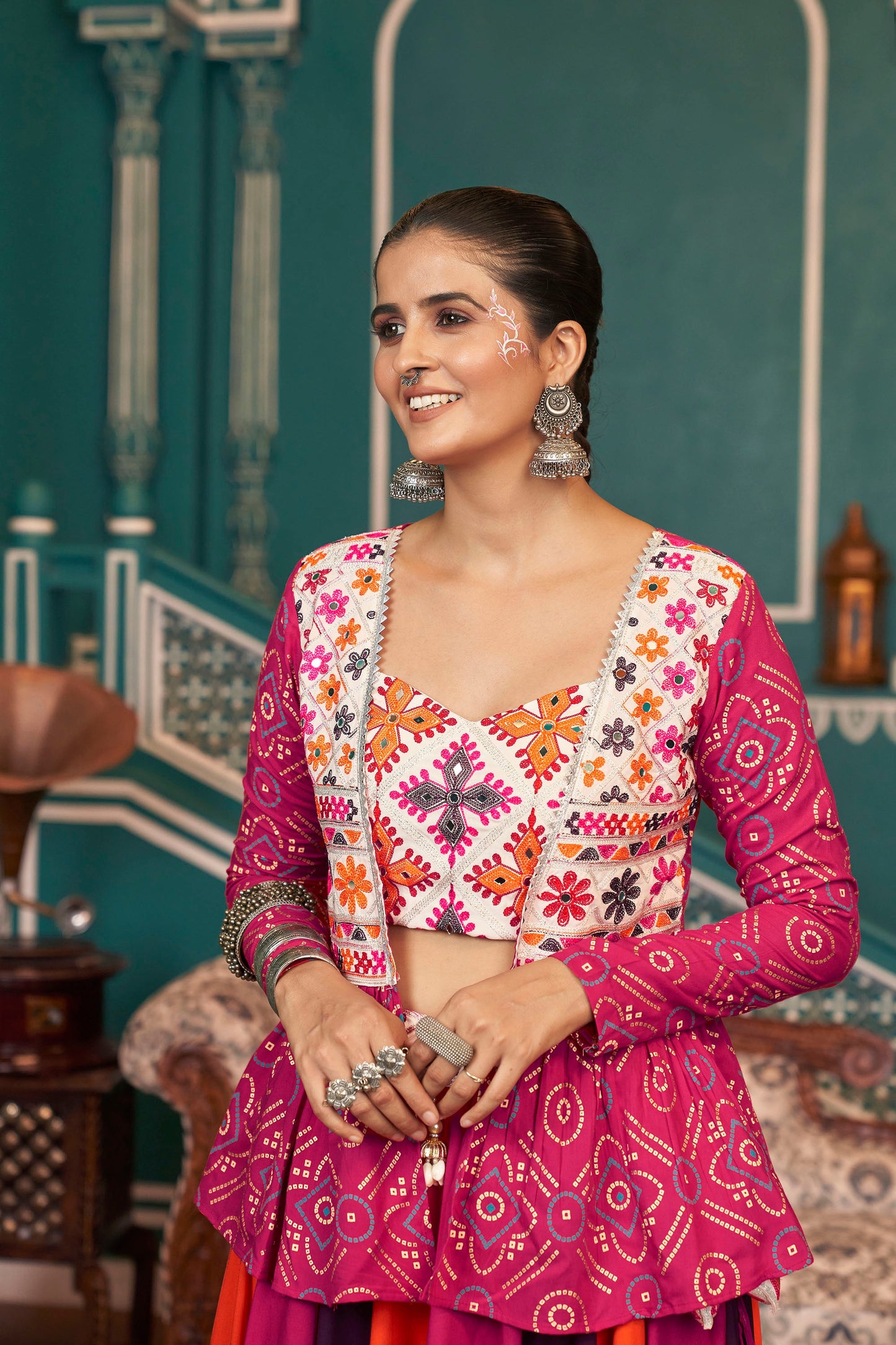 Orange and Pink Viscose Rayon Mirror Work Navratri Chaniya Choli