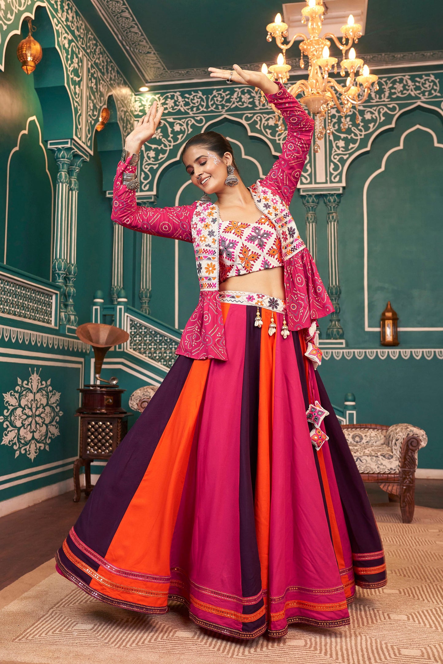Orange and Pink Viscose Rayon Mirror Work Navratri Chaniya Choli