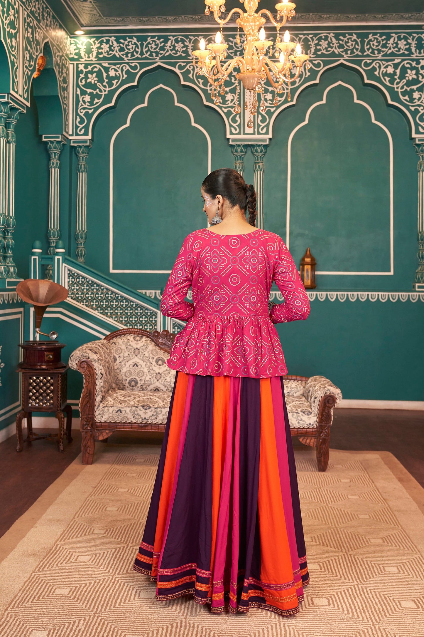 Orange and Pink Viscose Rayon Mirror Work Navratri Chaniya Choli