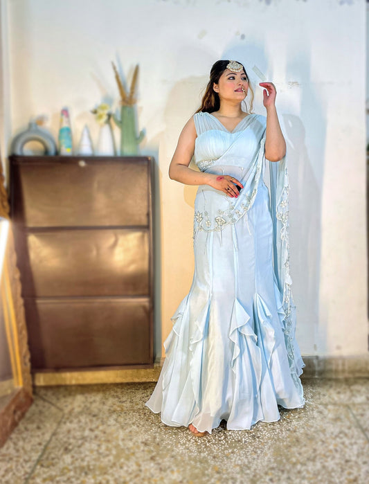Ice Blue Georgette hand embroidered Cocktail Lehenga