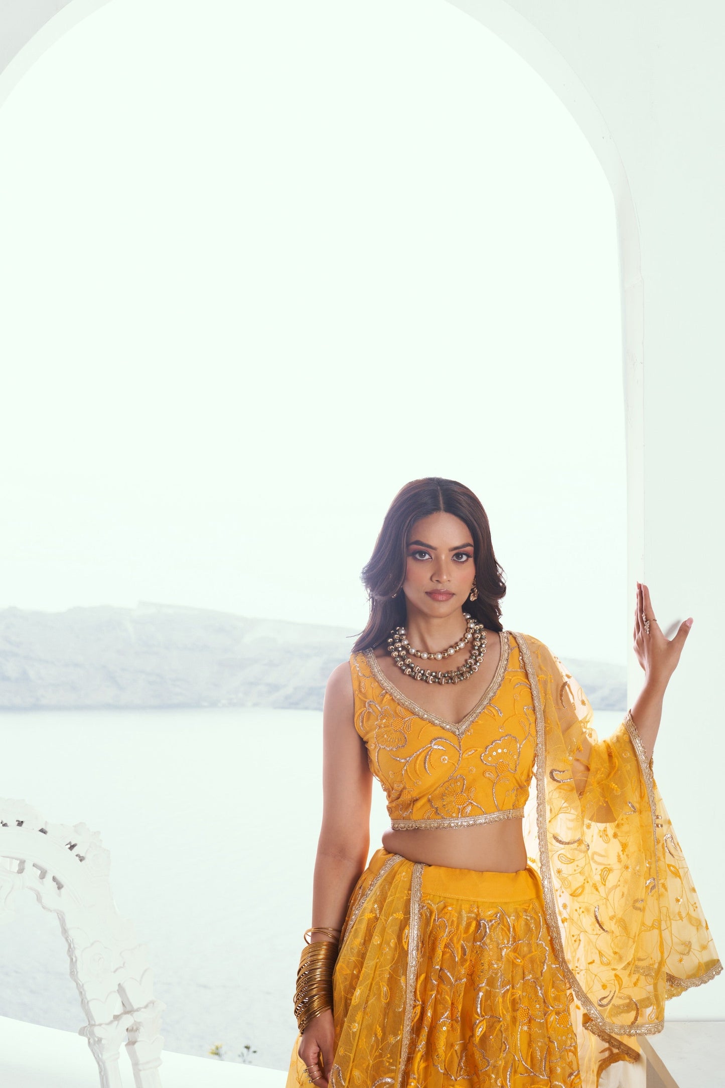 Yellow Sequins Embroidery Butterfly Net Haldi Lehenga