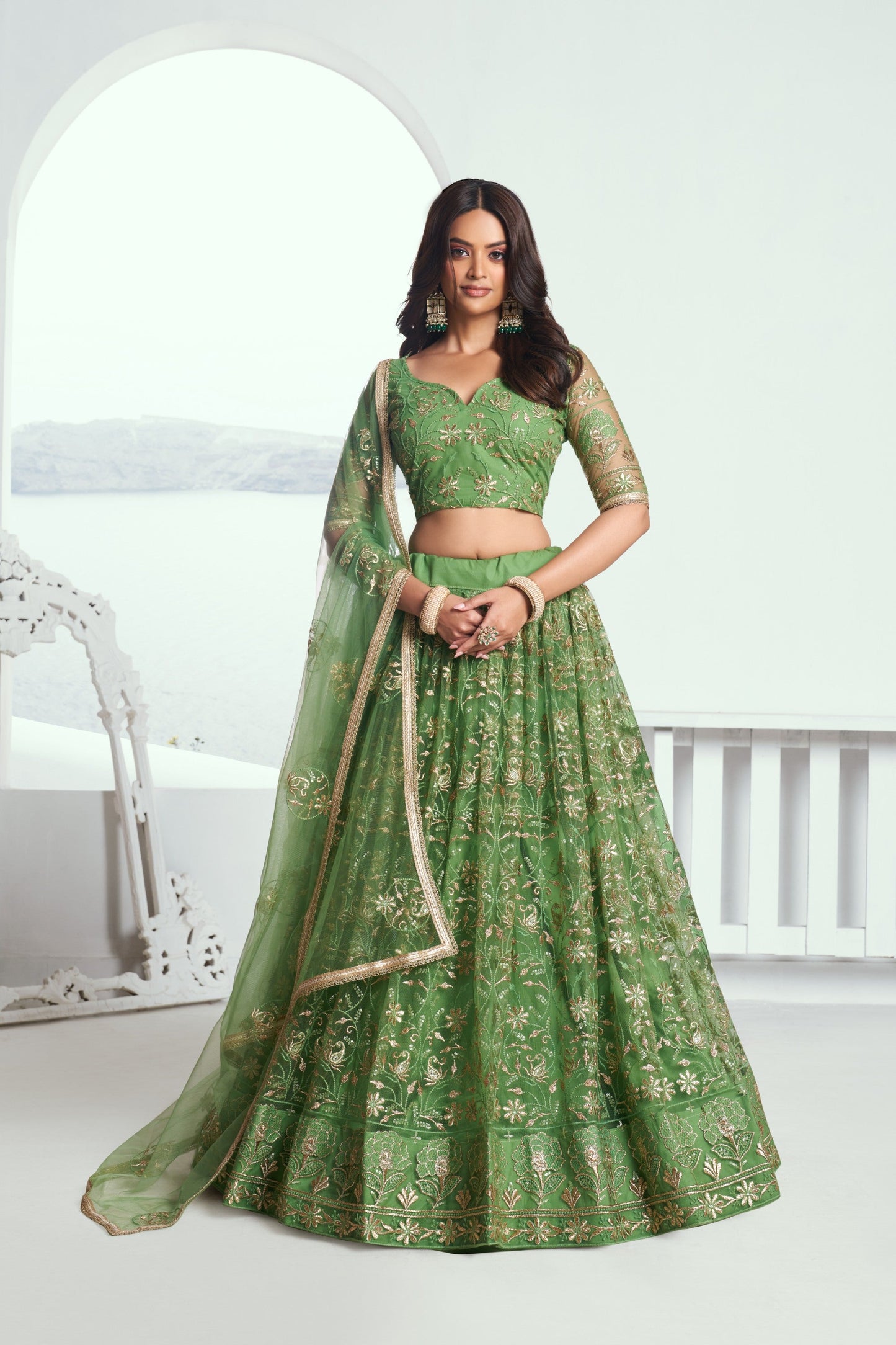 Pista Green Sequins Embroidery Net Mehendi Lehenga