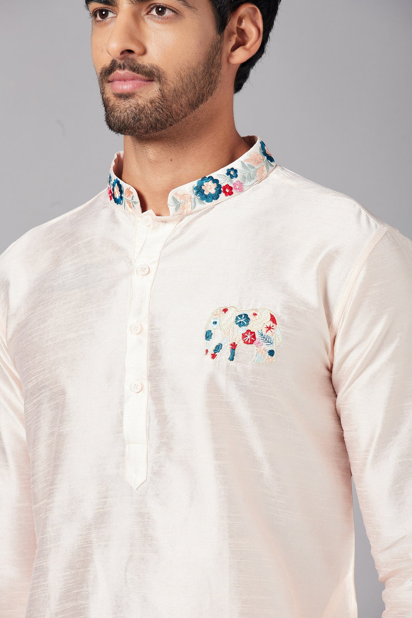 Peach Semi Raw Silk Machine Embroidery Festive ( only Kurta )
