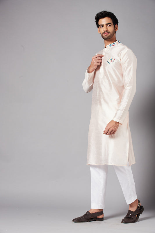 Peach Semi Raw Silk Machine Embroidery Festive ( only Kurta )