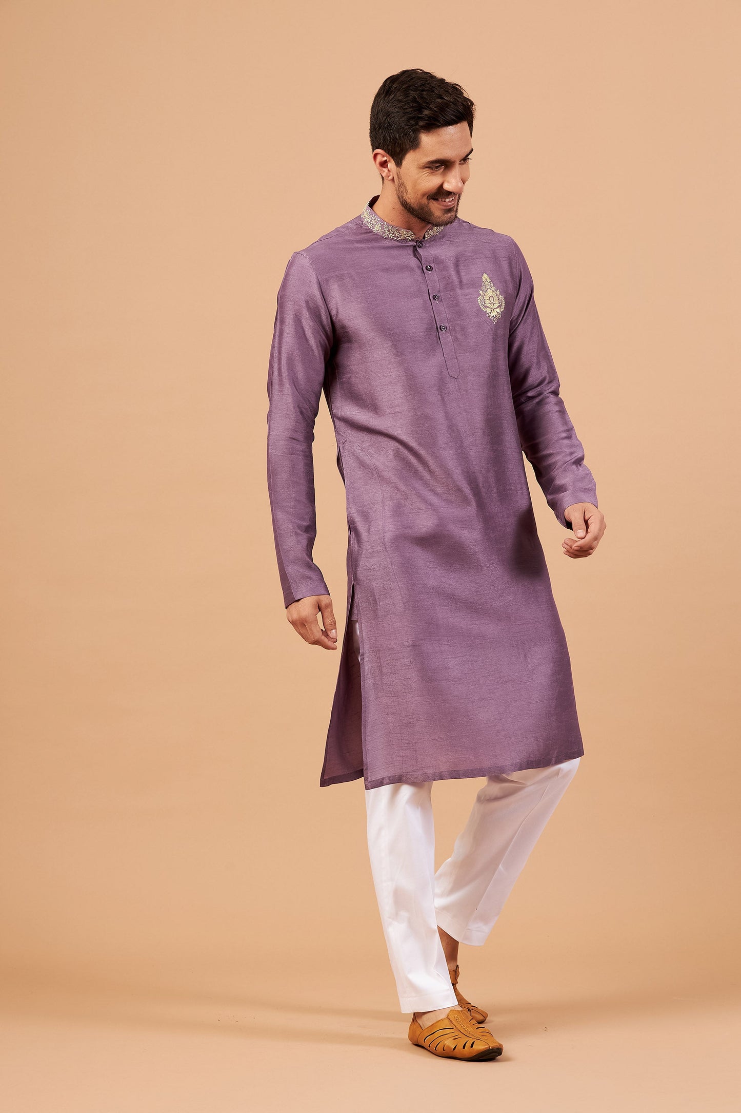 Purple & Pink Semi Raw Silk Machine Embroidered Casual ( only Kurta )