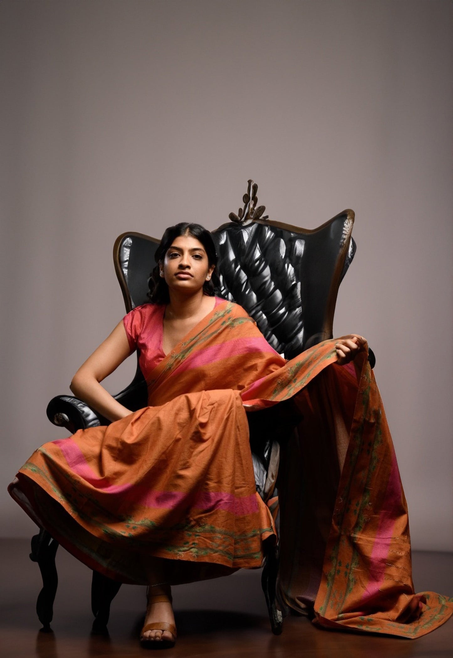 Mustard Zari Embroidered Linen Dhupdi Saree