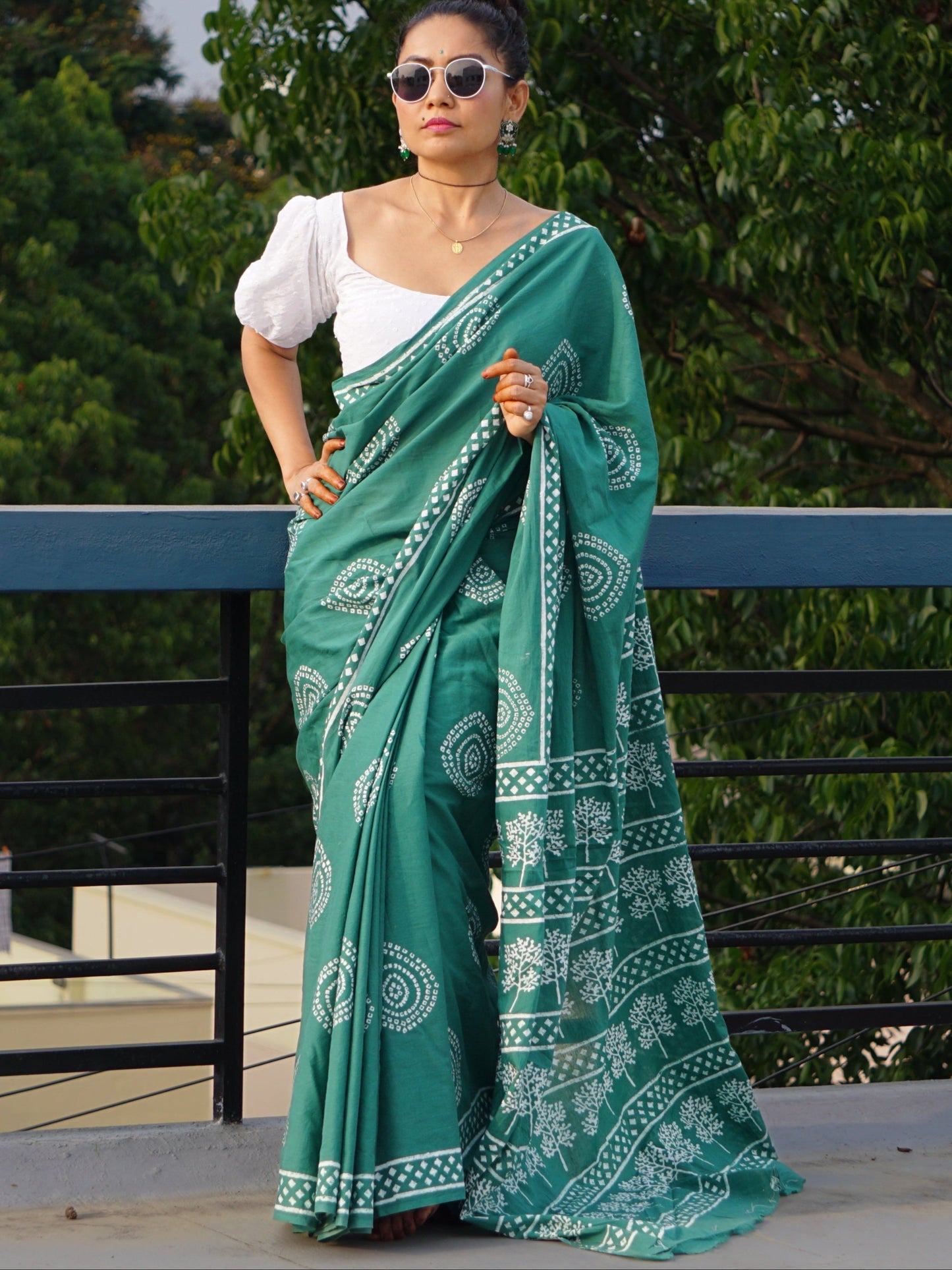 Green Bandhni Handblock Mulmul Cotton Saree - Perfect for Summer