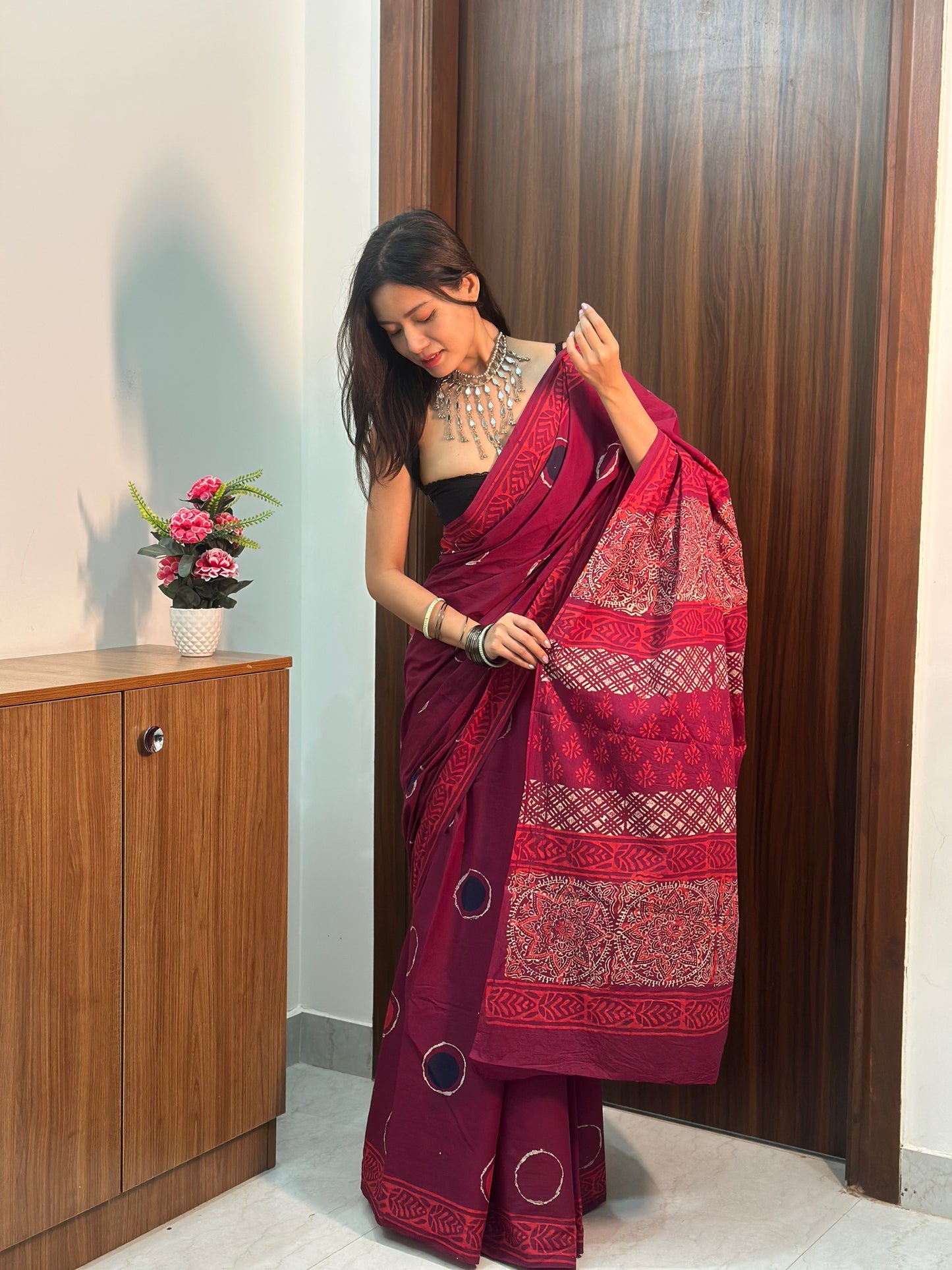 Bubble Pop Maroon &  Purple Handblock Printed Cotton Saree
