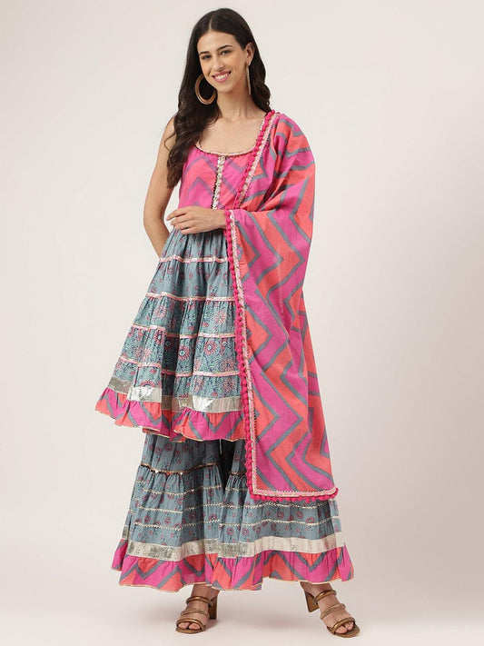 Turquoise Blue Cotton Sleeves Less Sharara Set