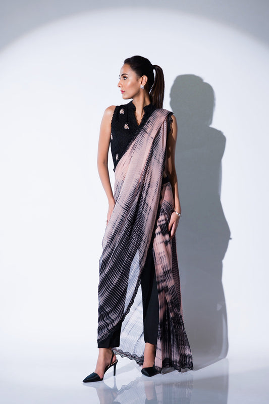 Black and Pink Printed Chiffon Saree for Cocktail Party