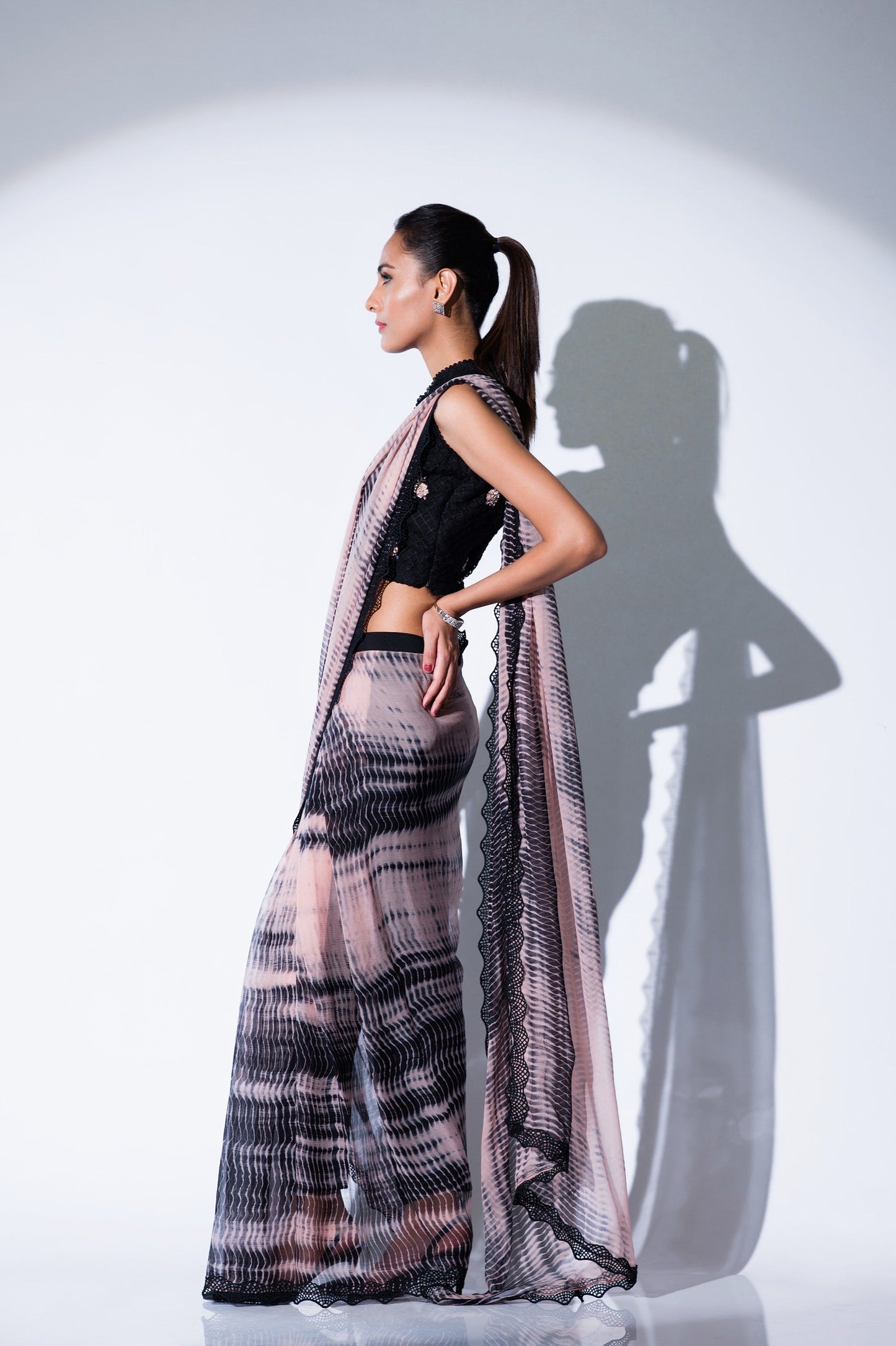 Black and Pink Printed Chiffon Saree for Cocktail Party