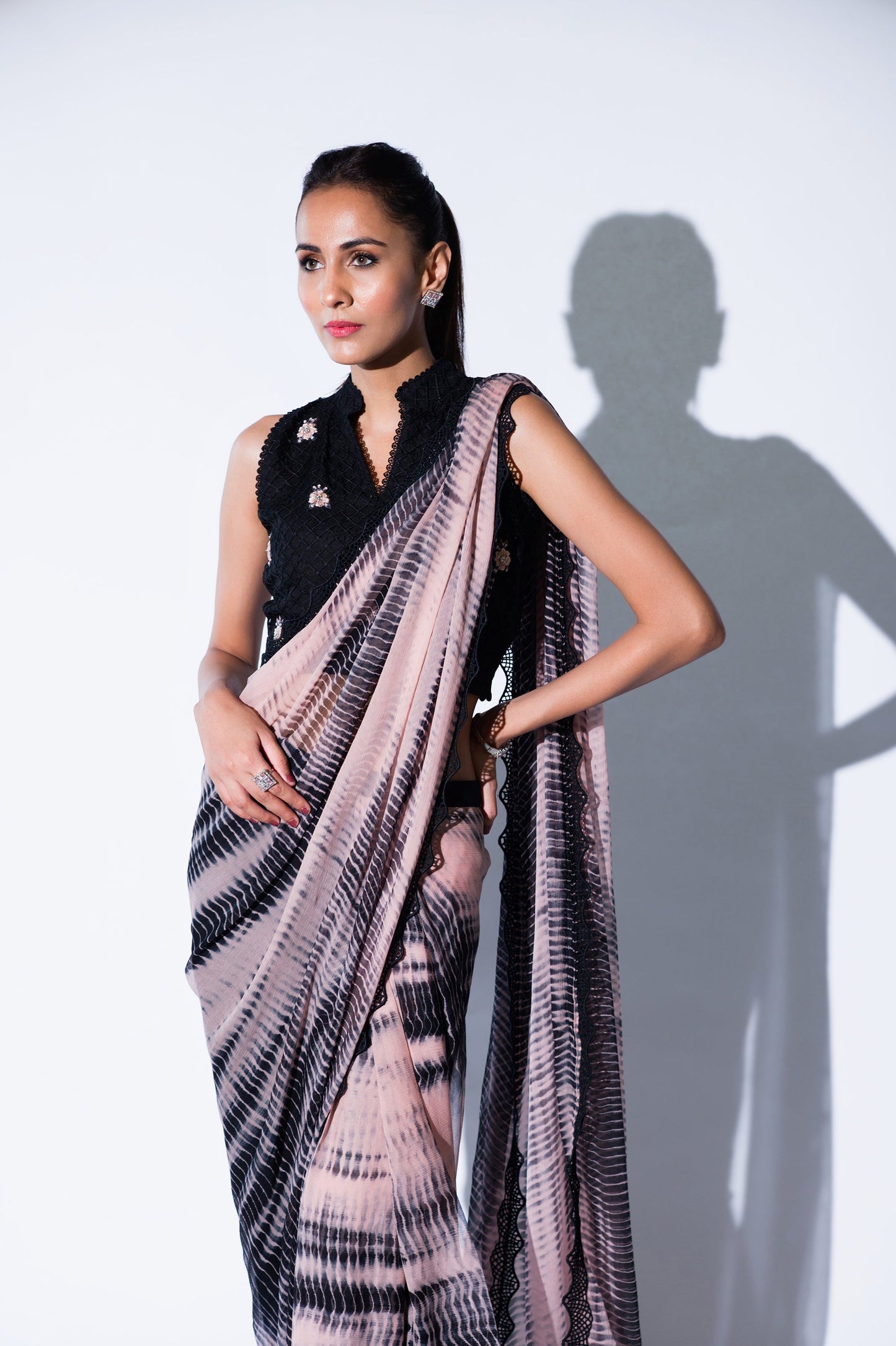 Black and Pink Printed Chiffon Saree for Cocktail Party