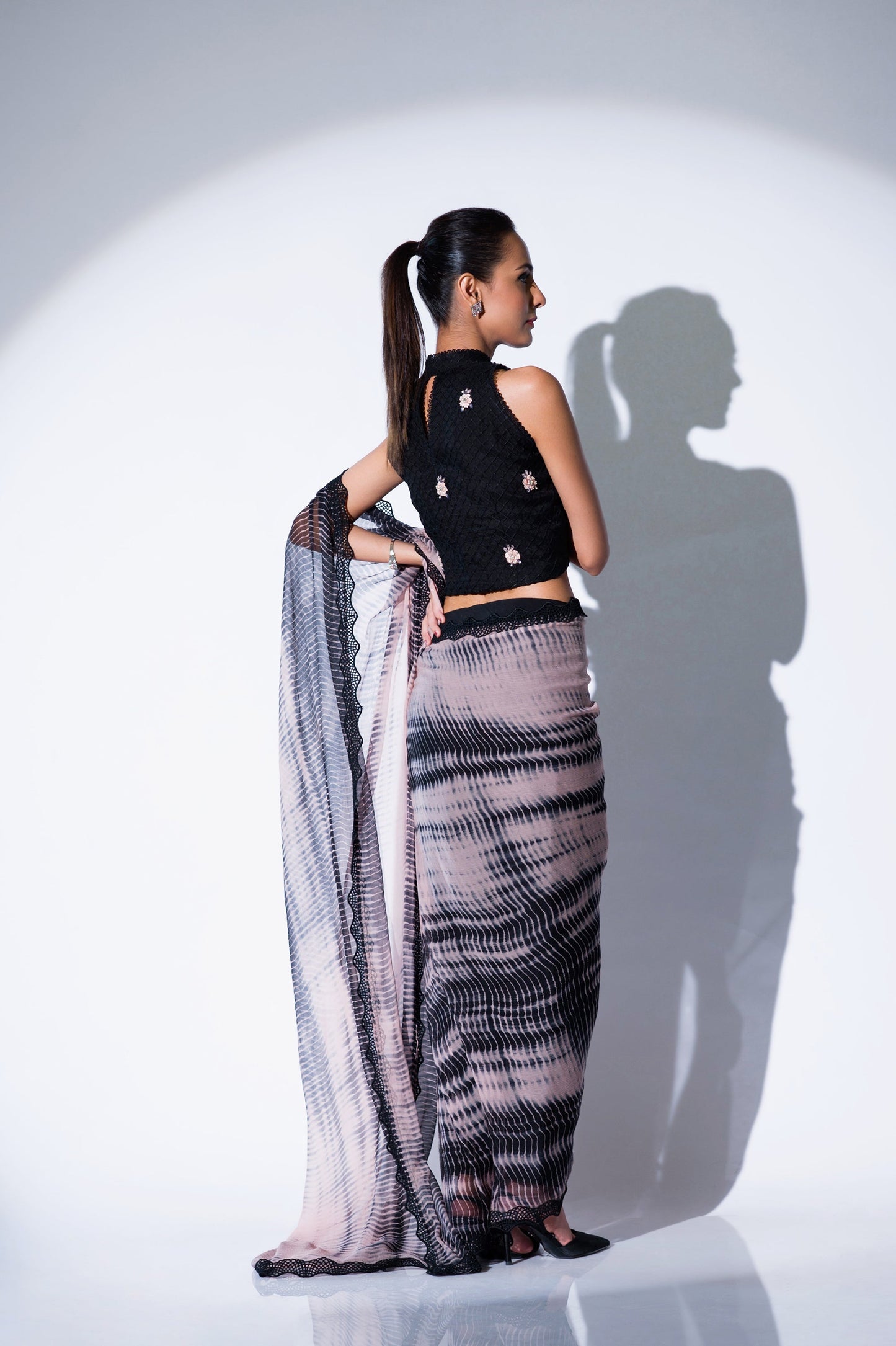 Black and Pink Printed Chiffon Saree for Cocktail Party