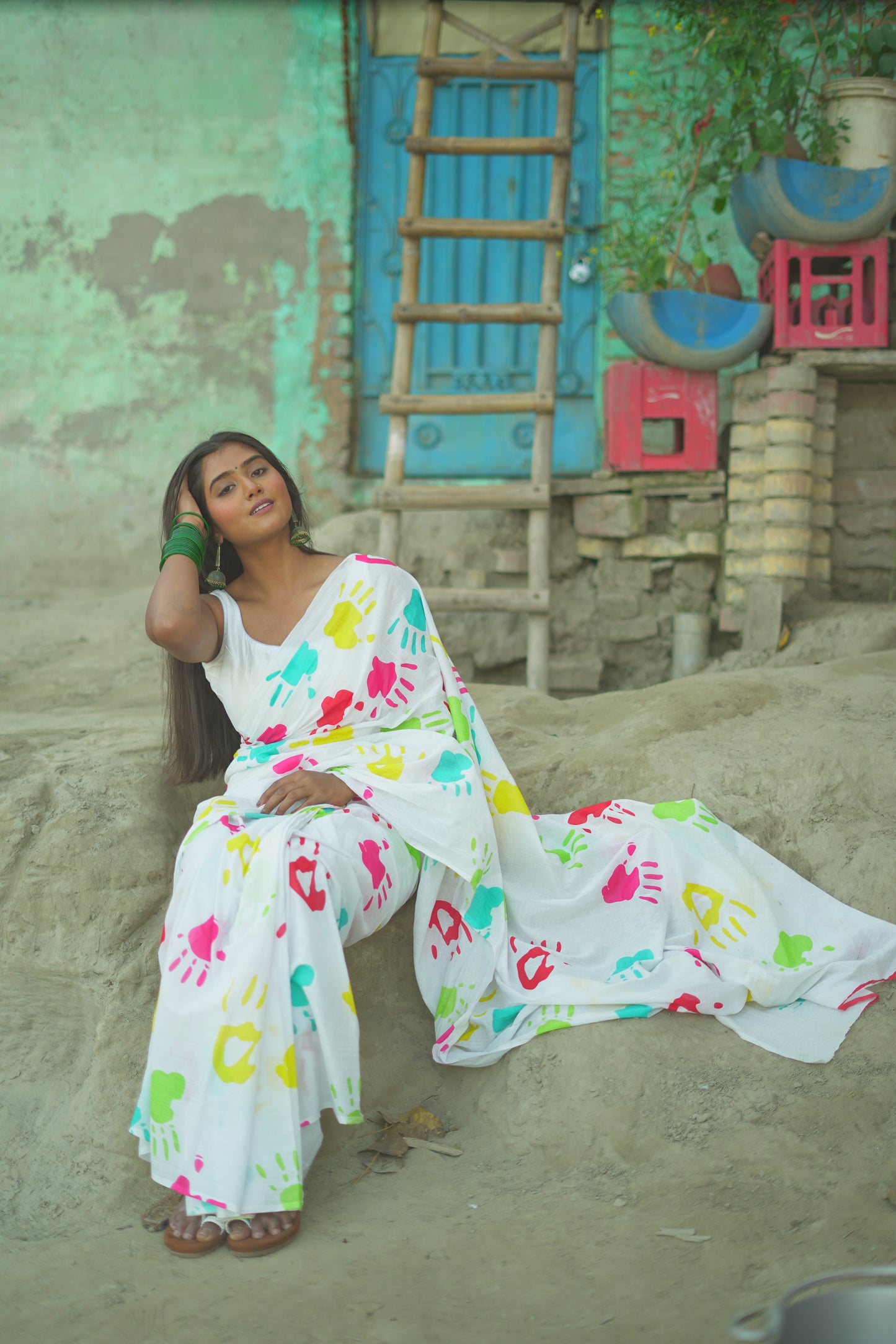 Holi Splash White Cotton Mulmul Saree