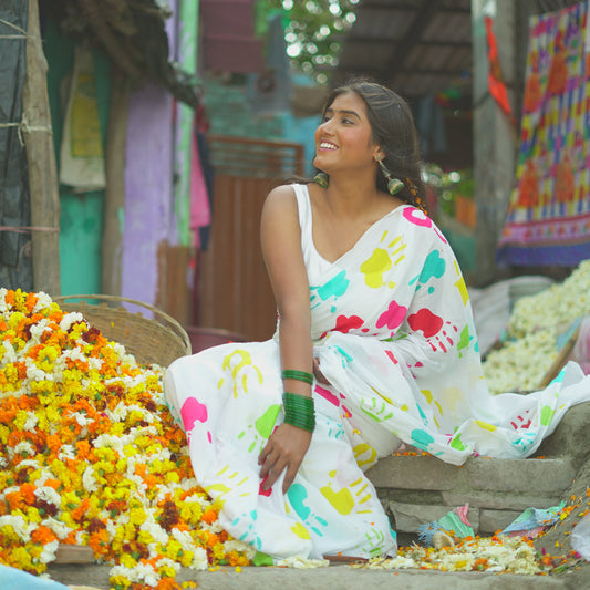 Holi Splash White Cotton Mulmul Saree