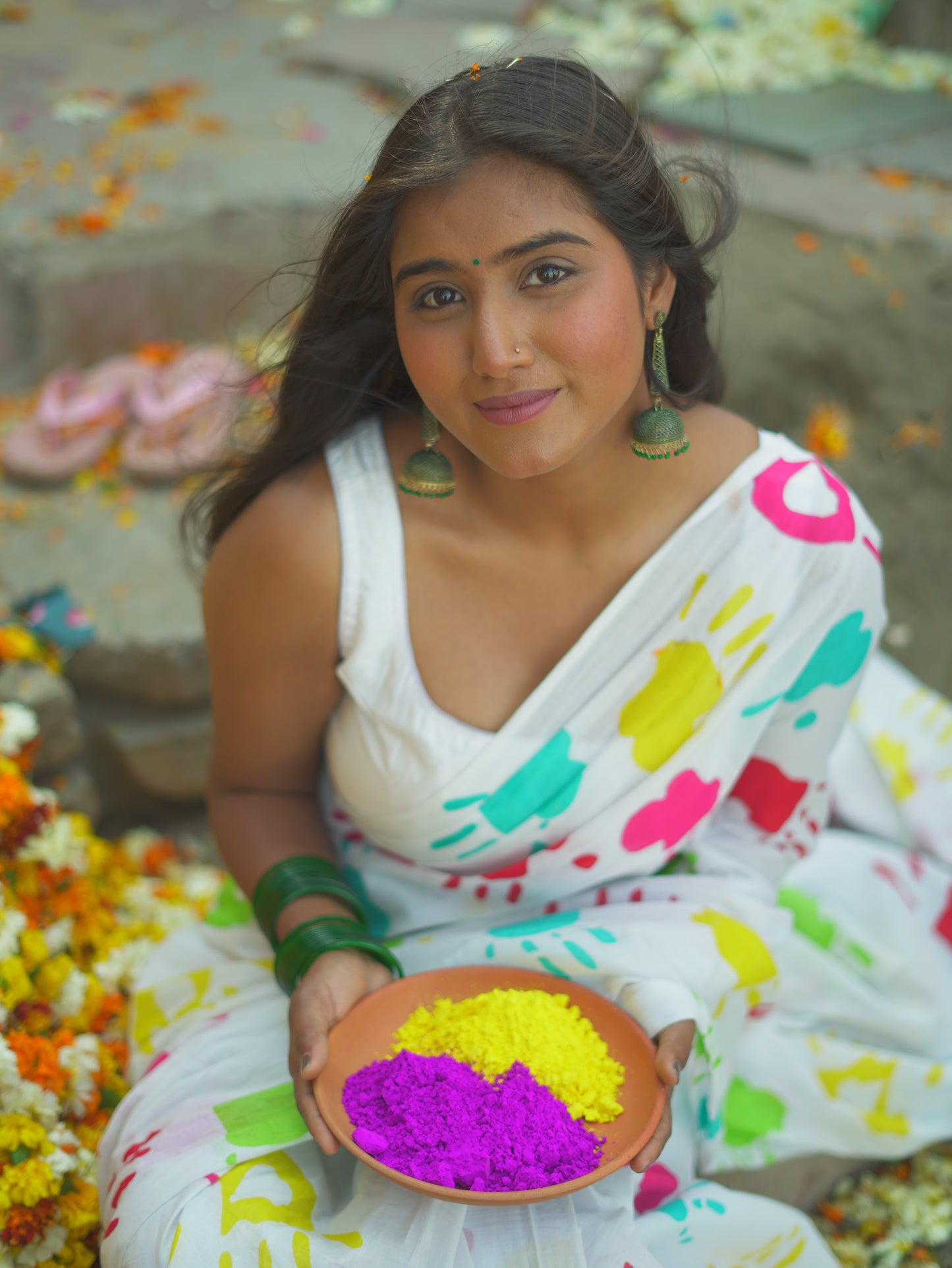Holi Splash White Cotton Mulmul Saree