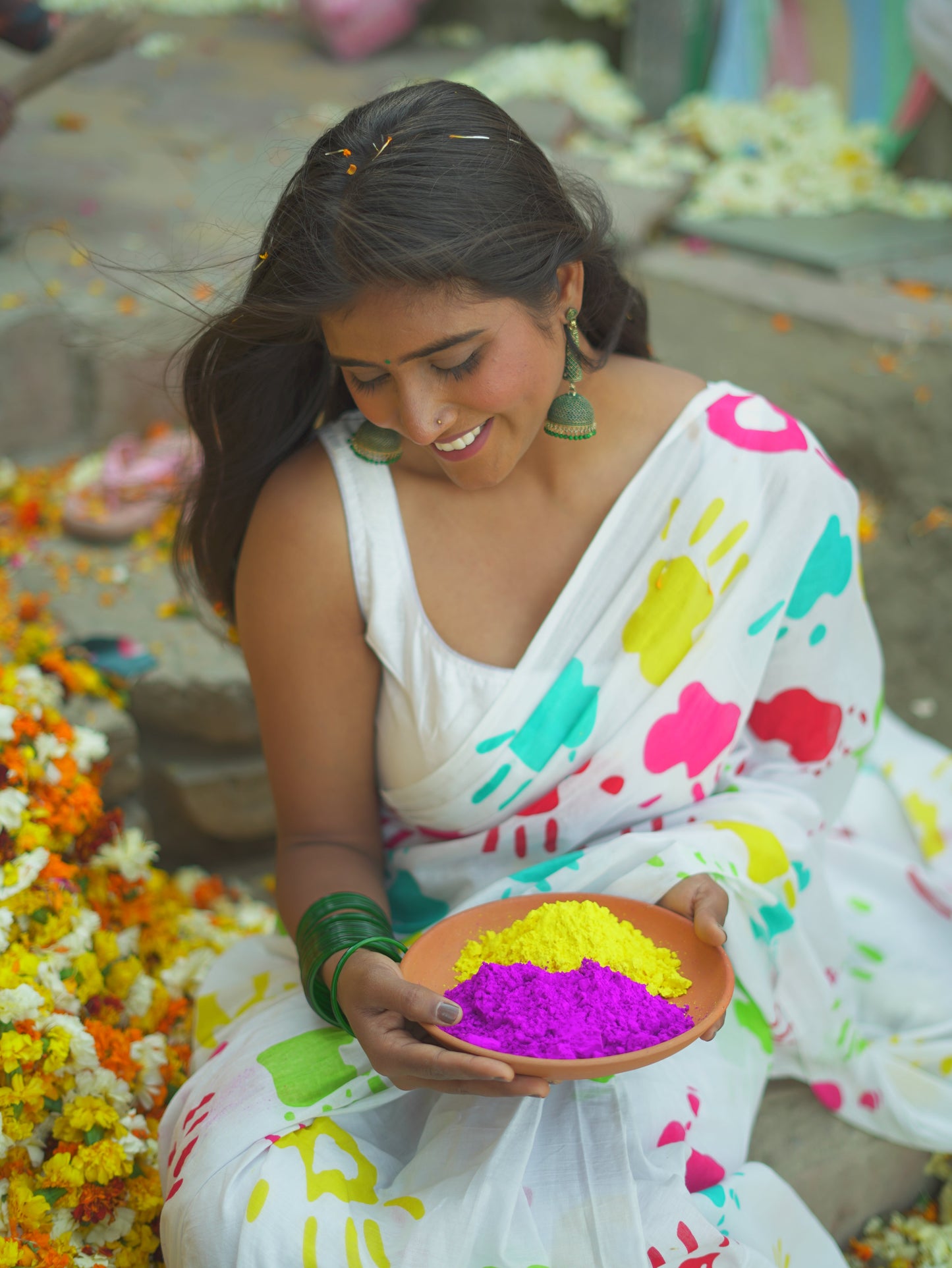 Holi Splash White Cotton Mulmul Saree