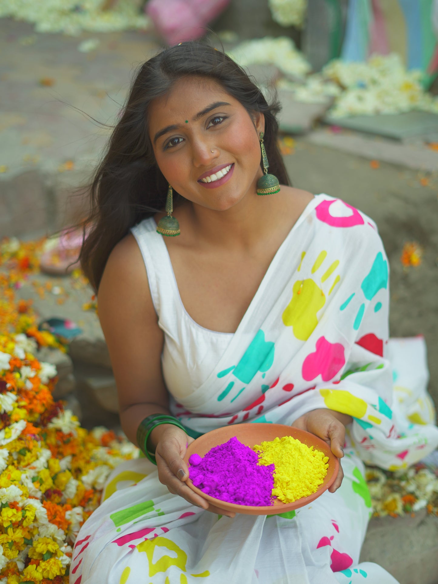 Holi Splash White Cotton Mulmul Saree