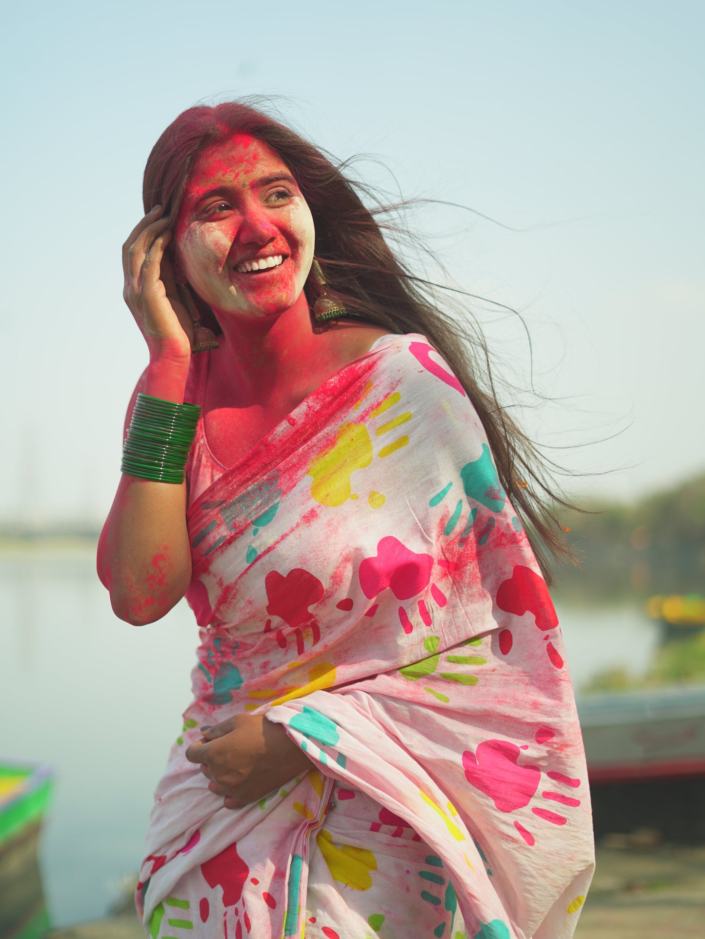 Holi Splash White Cotton Mulmul Saree