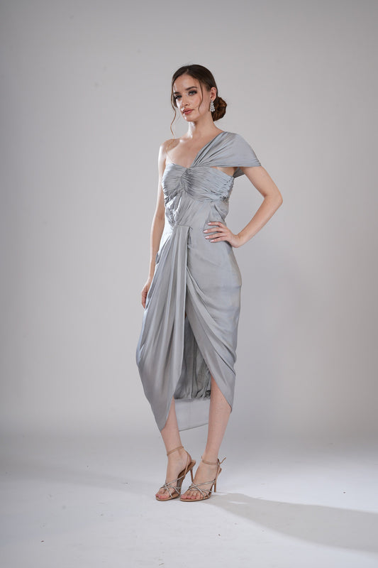 Smokey Saga Grey Satin Cocktail Dress