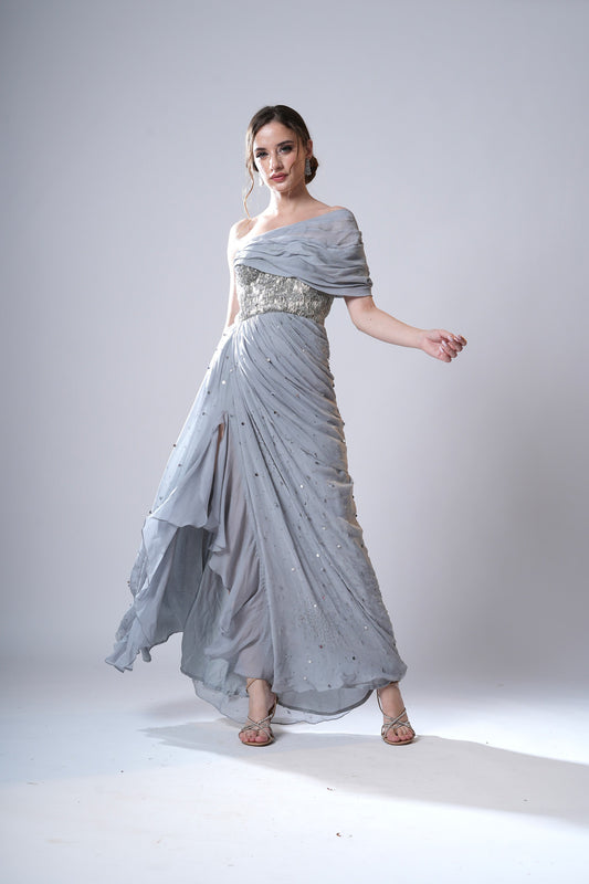 Shadow Moon Silver Tulle Cocktail Gown