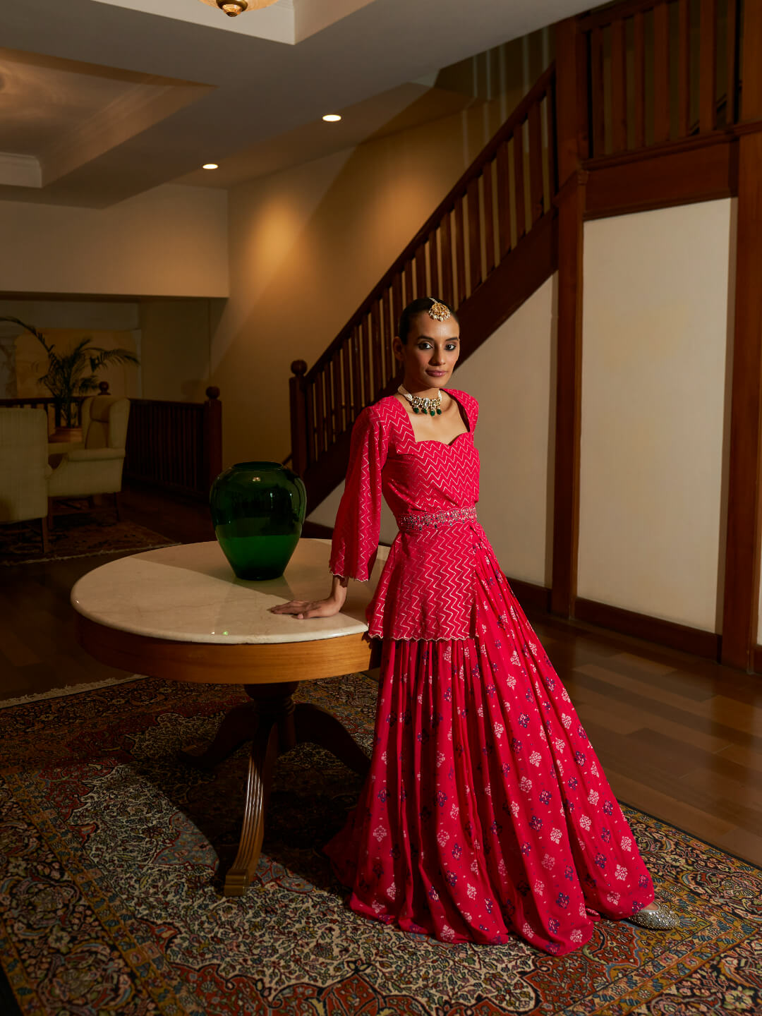 Pink Pure Georgette Foil Printed Skirt Set