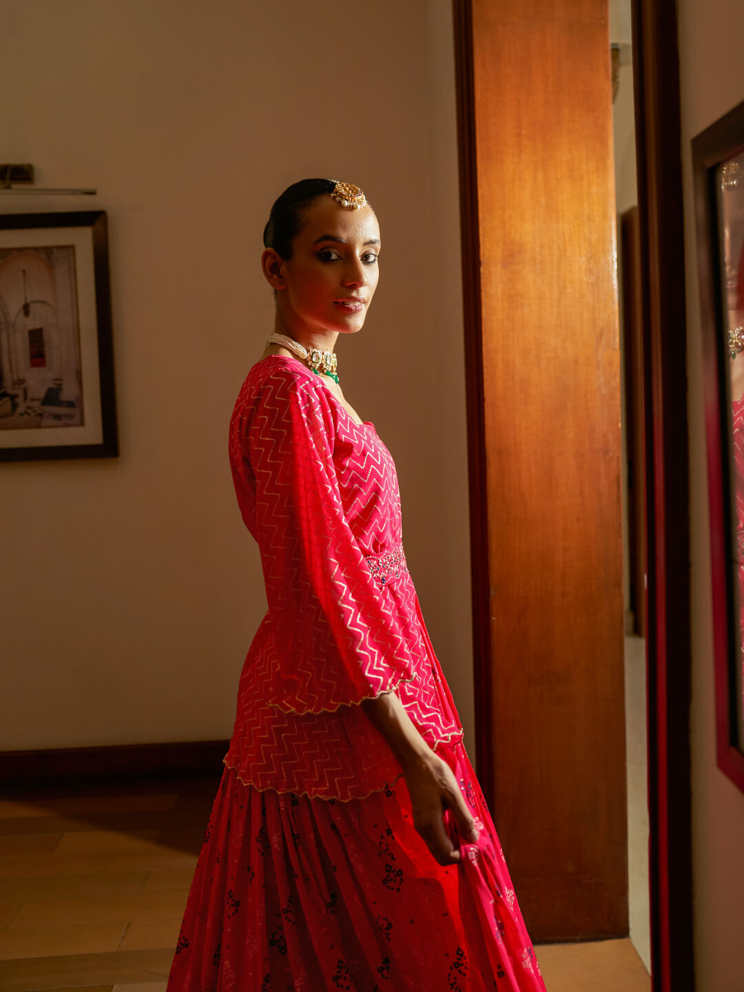 Pink Pure Georgette Foil Printed Skirt Set