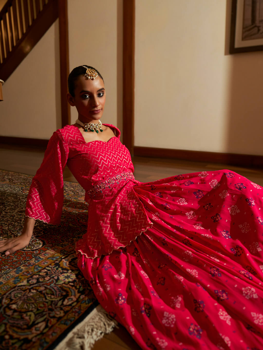 Pink Pure Georgette Foil Printed Skirt Set