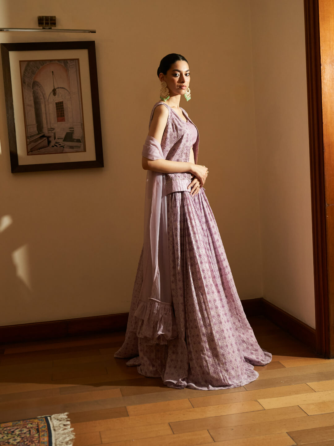 Lavender Pure Georgette Foil Printed Skirt Set