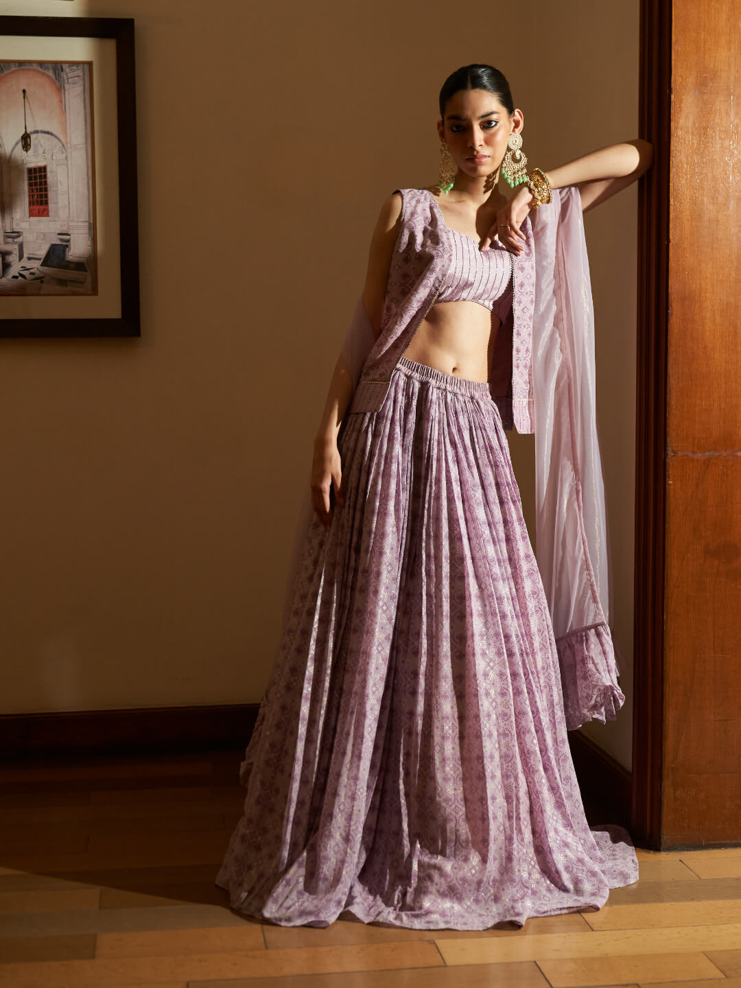 Lavender Pure Georgette Foil Printed Skirt Set