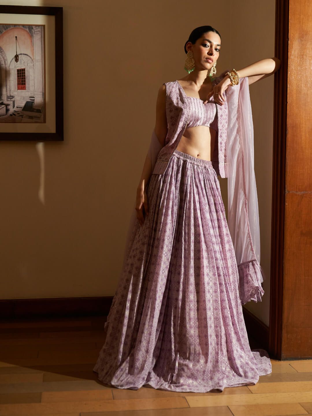 Lavender Pure Georgette Foil Printed Skirt Set
