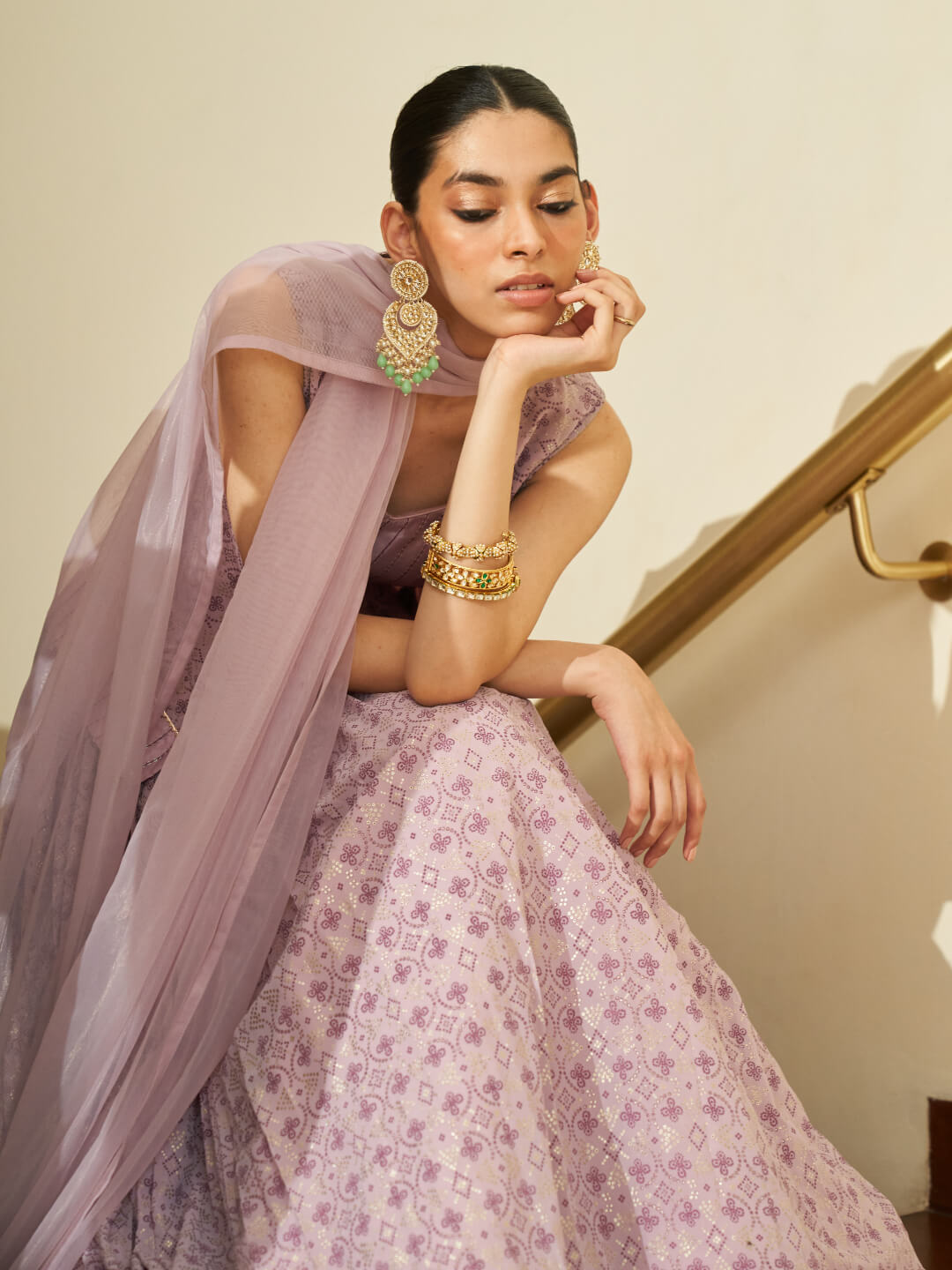 Lavender Pure Georgette Foil Printed Skirt Set