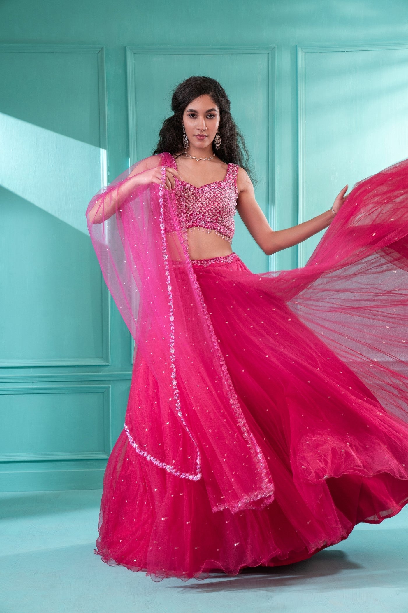 Fuschia Pink Festive Lehenga set in Net
