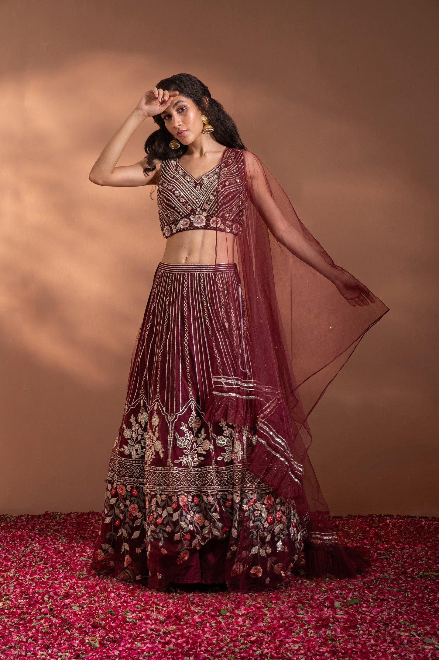 Maroon Red Lehenga Set in Net & Satin
