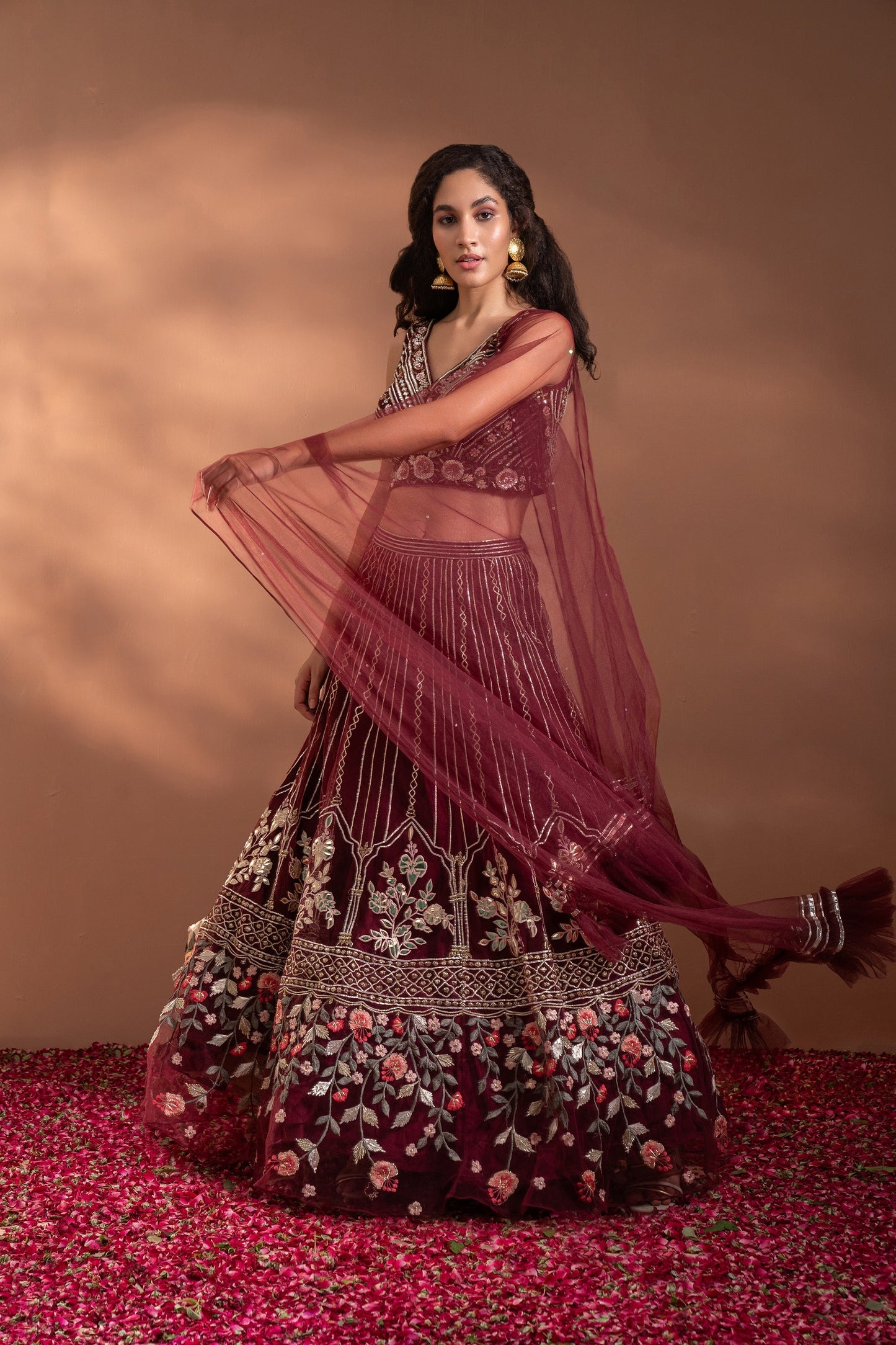 Maroon Red Lehenga Set in Net & Satin