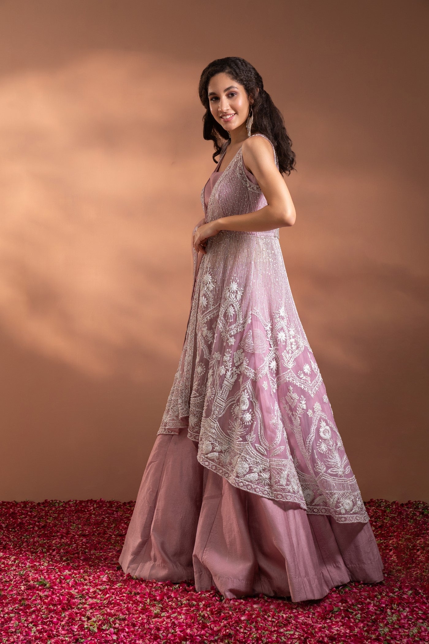 Onion Pink Lehenga Set in Silk with a Heavy Moti & Threadwork Embriodered Jacket