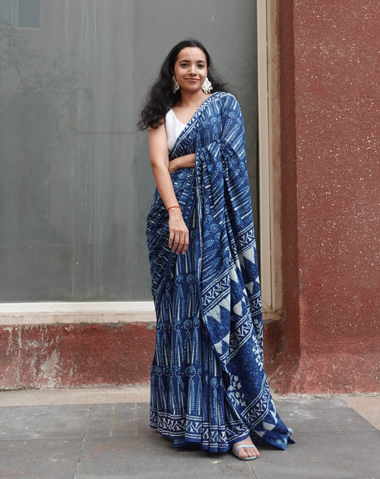 Indigo Light - Blue Handblock Dabu in Natural Dyes - Cotton Mulmul Saree
