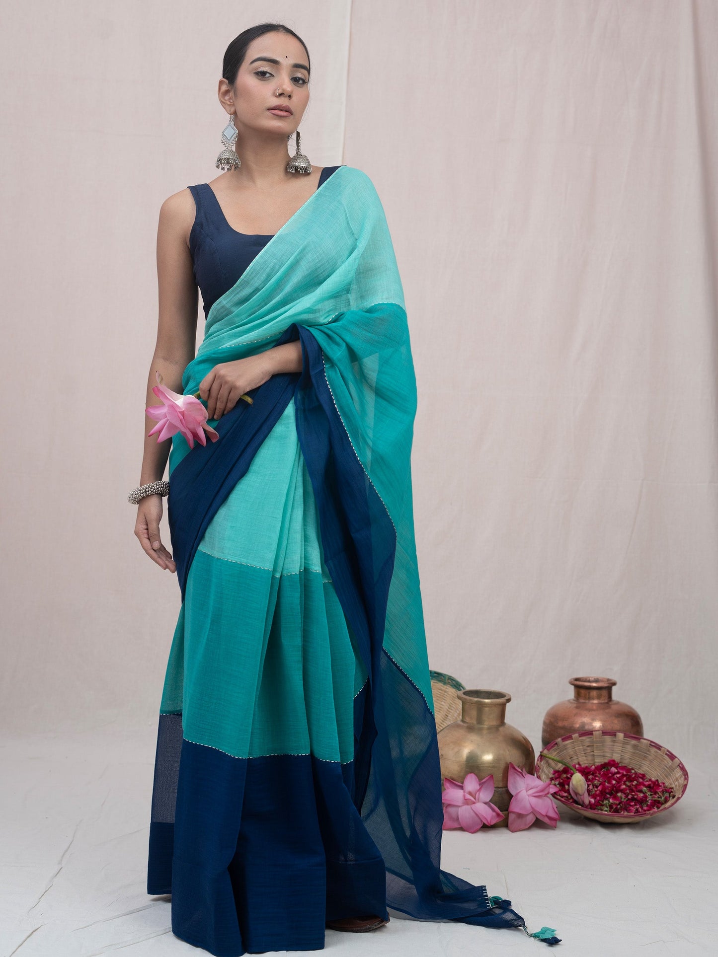 Blue Ganga Chanderi Kantha Hand made Saree