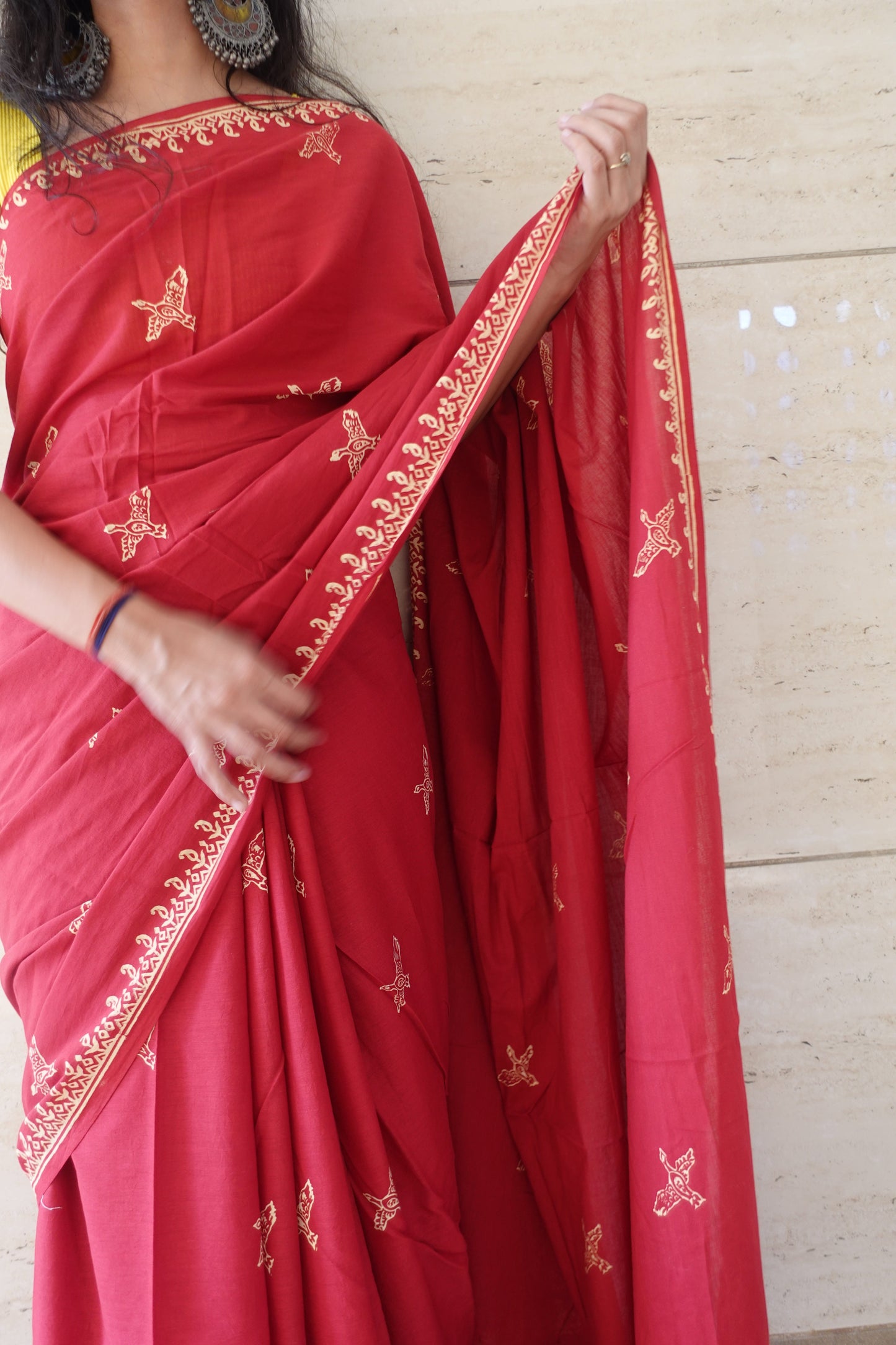 Free Sparrow - Red Handblock Print Natural Dyed - Red Mulmul Cotton Saree