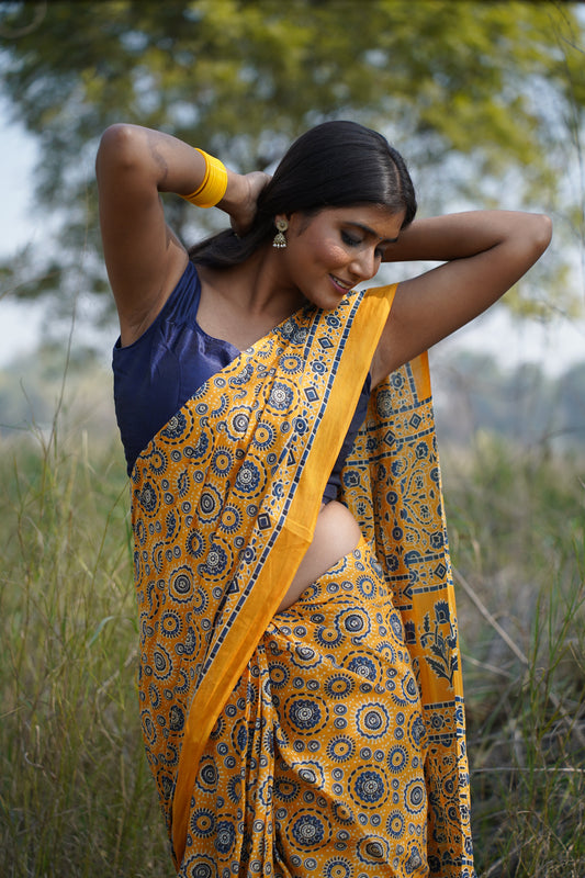 A Beautiful Sunset - Ajrakh Yellow Handblock Print Natural Dyed - Mulmul Cotton Saree