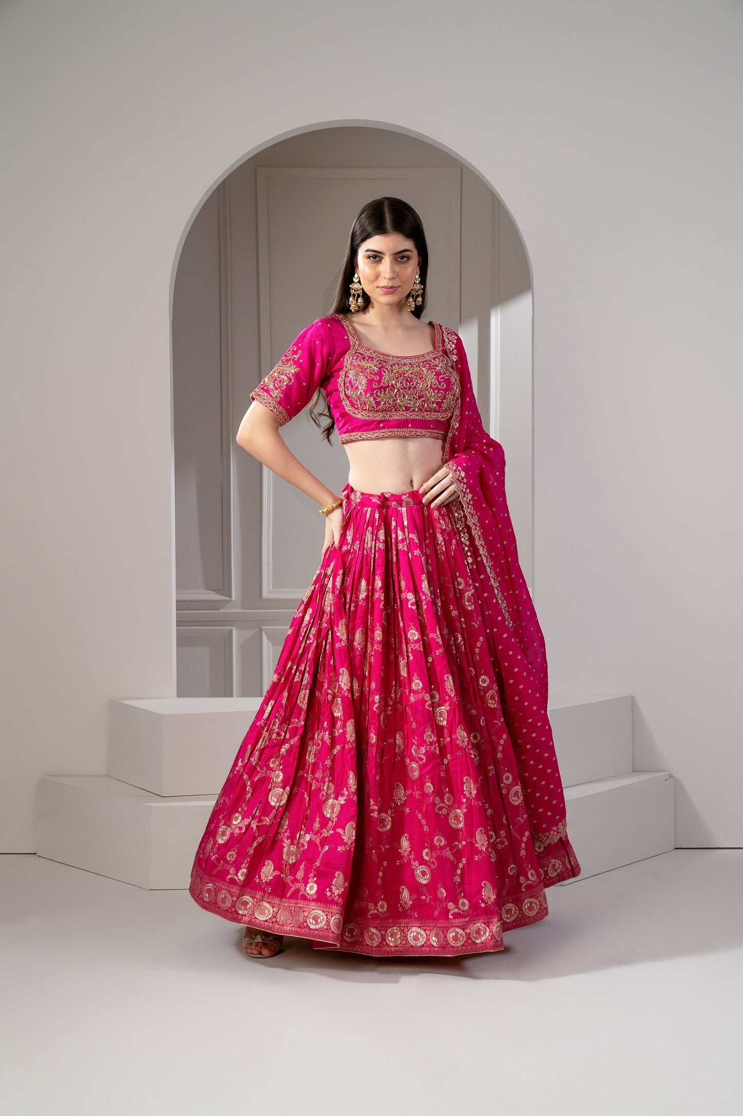 Hot Pink Soft Silk Hand Embroidered Lehenga Set