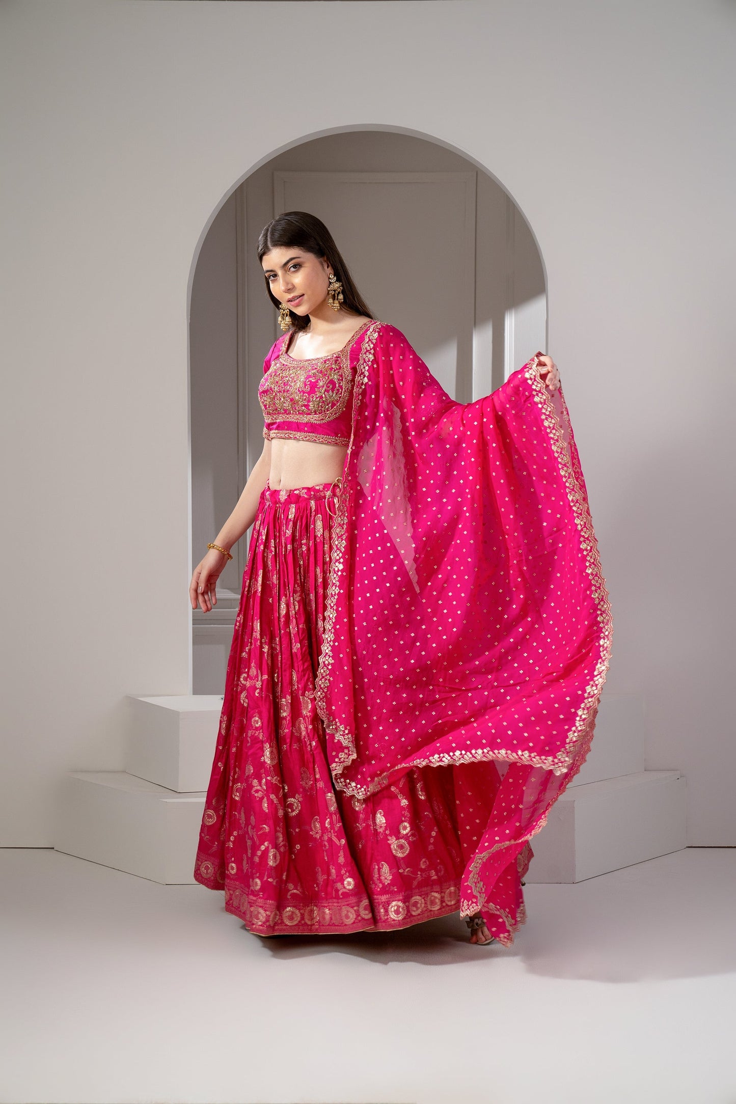Hot Pink Soft Silk Hand Embroidered Lehenga Set