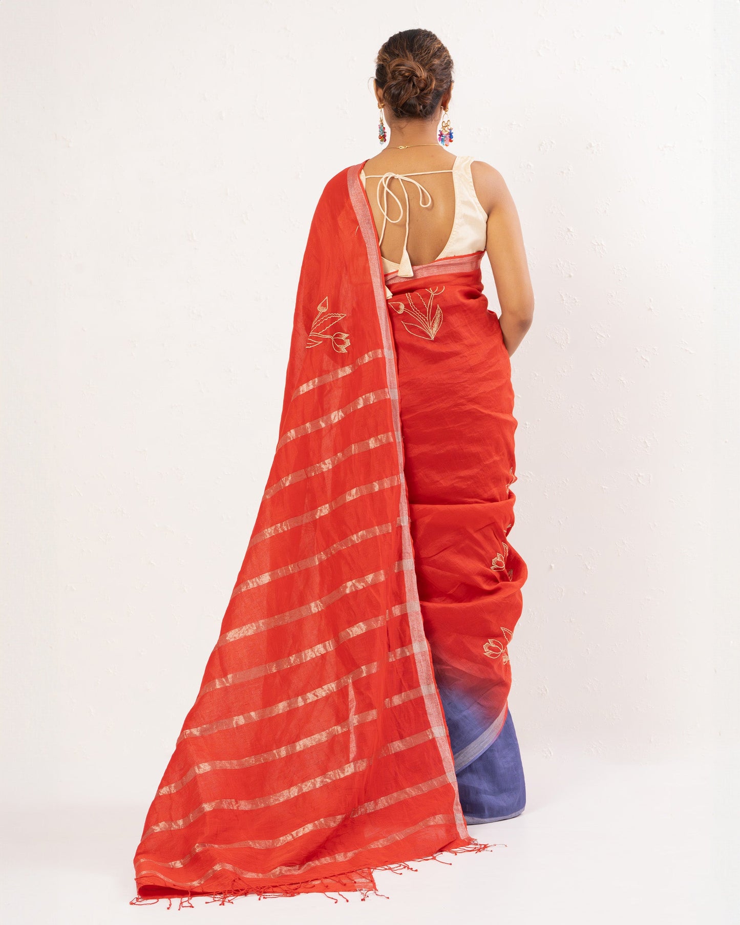 Red purple embroidered handwoven linen saree