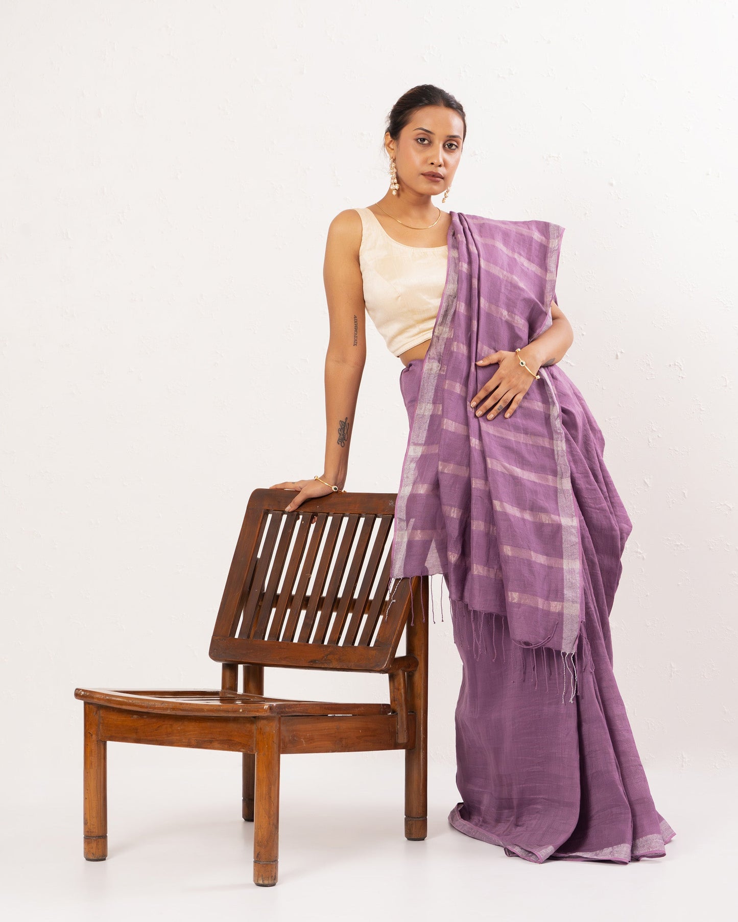Purple handwoven linen Festive saree