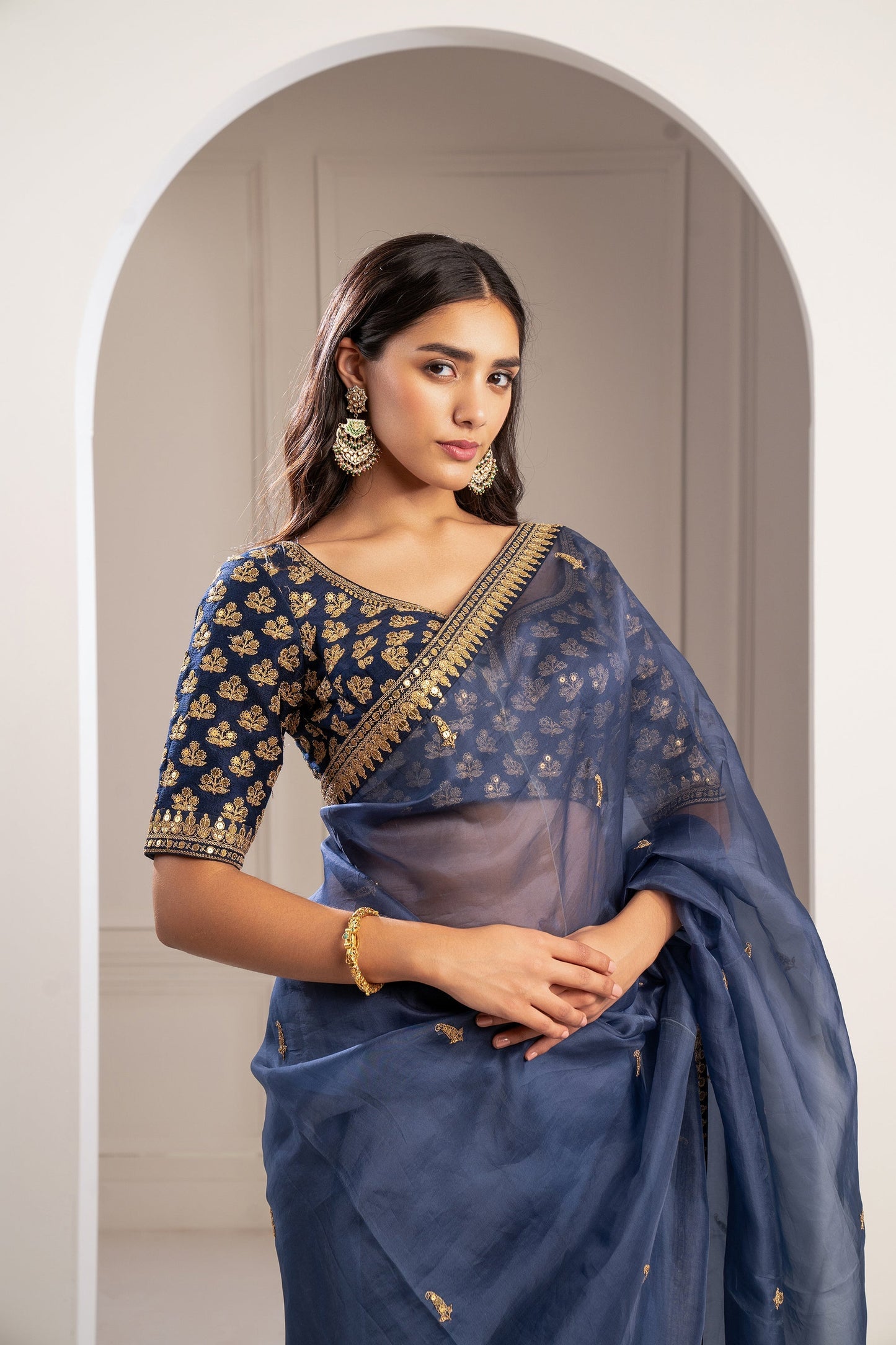Indigo Blue Machine Embroidered Organza Saree