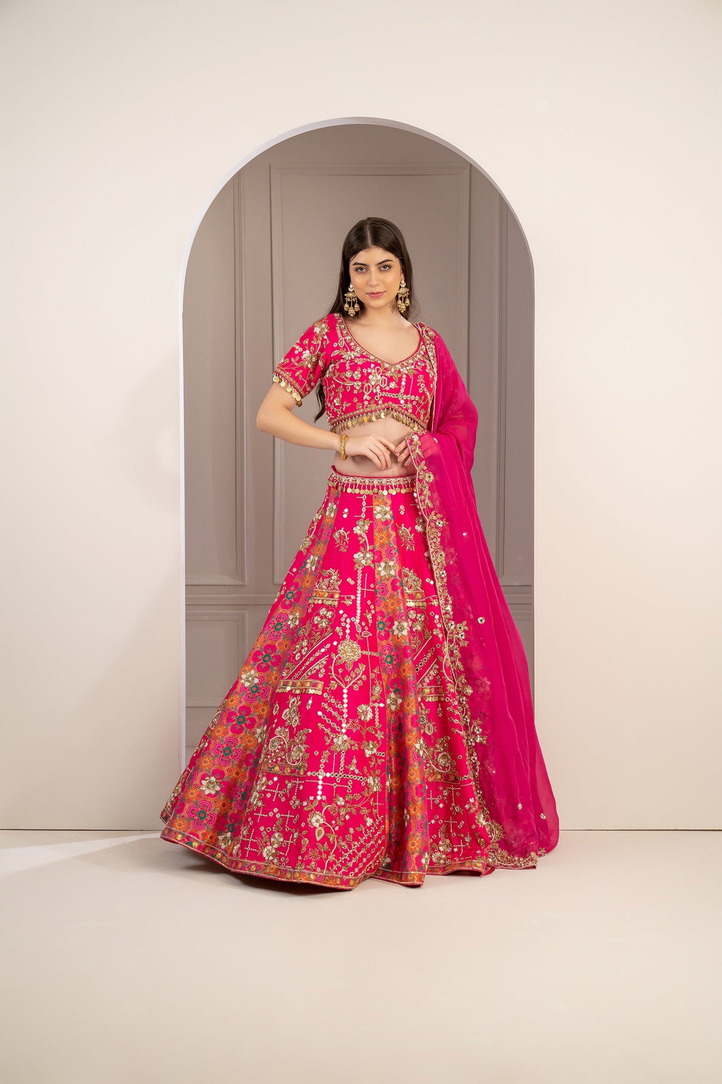 Hot Pink Raw Silk Hand Embroidered Lehenga