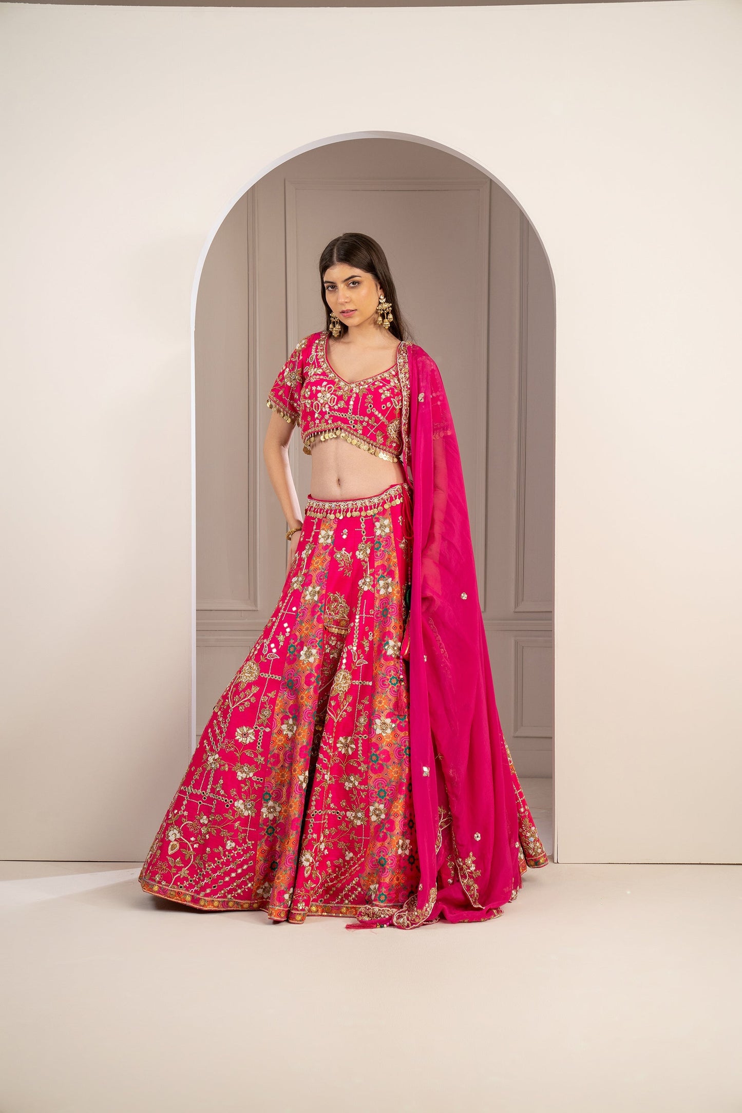 Hot Pink Raw Silk Hand Embroidered Lehenga