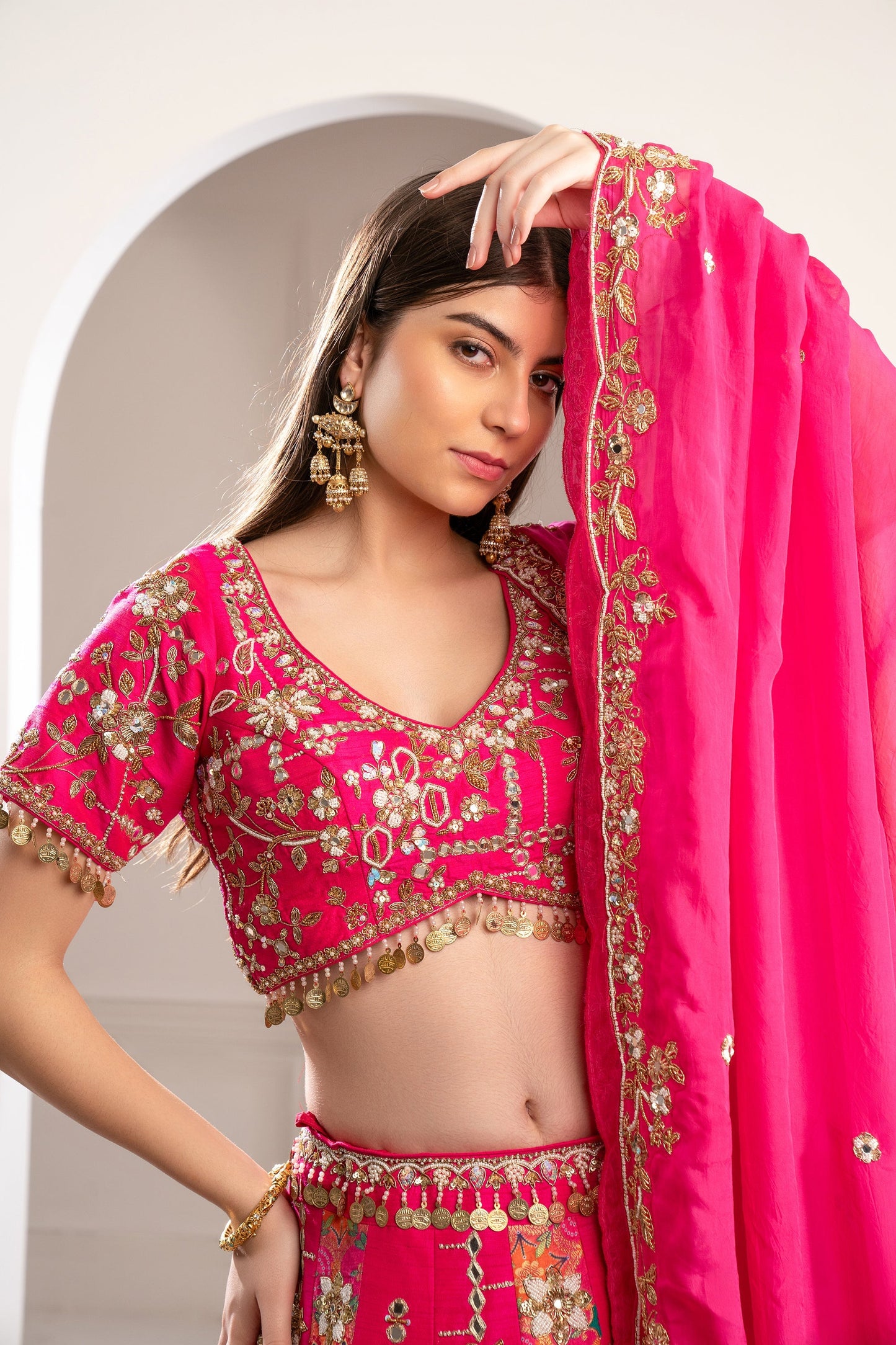 Hot Pink Raw Silk Hand Embroidered Lehenga